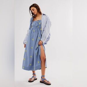 New Free People✨Emory Embroidered Midi Dress- Blue Combo